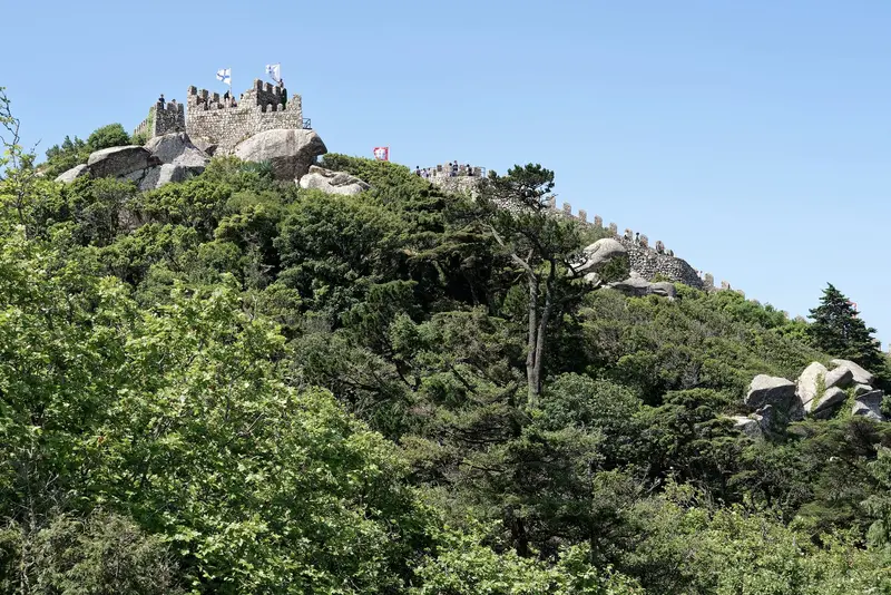 Detail of the stone ramparts of the Moorish Castle with the valley behind