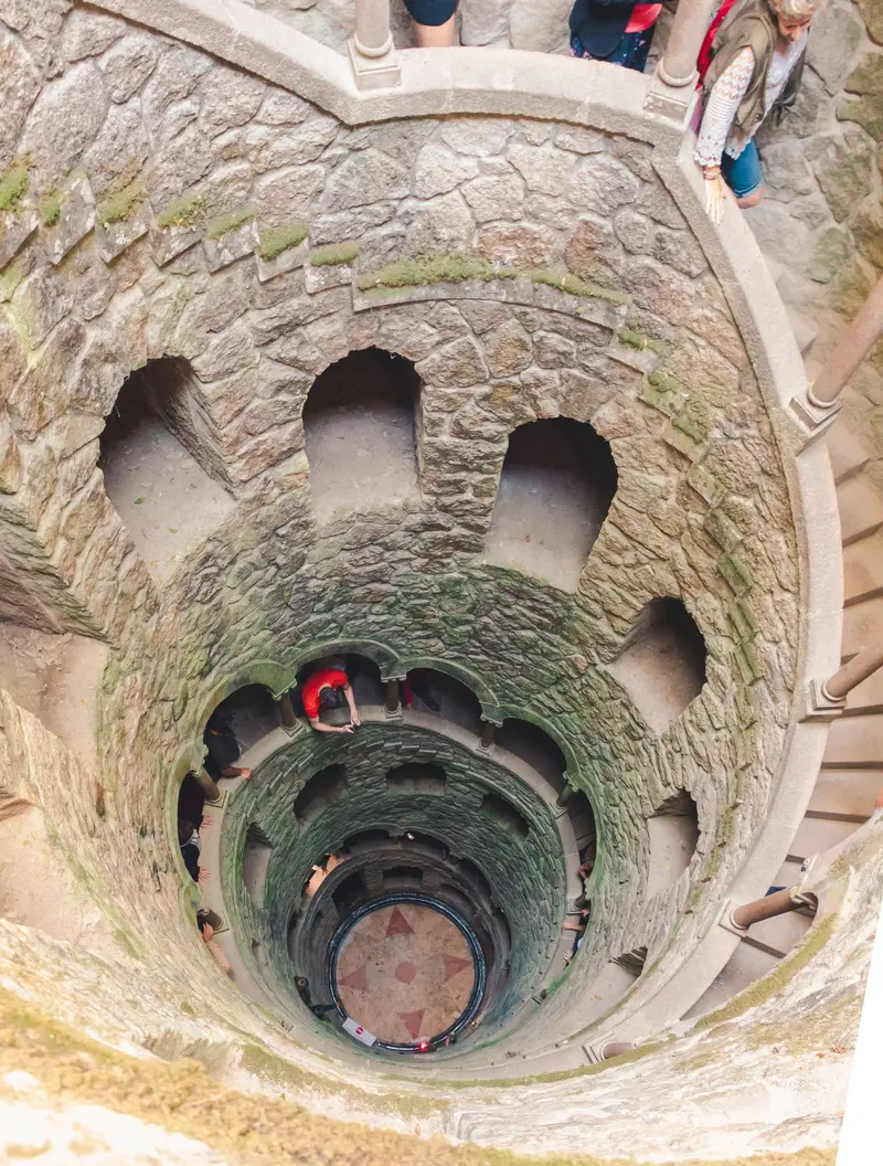 The Initiation Well at Quinta da Regaleira seen from above, its spiral staircase descending